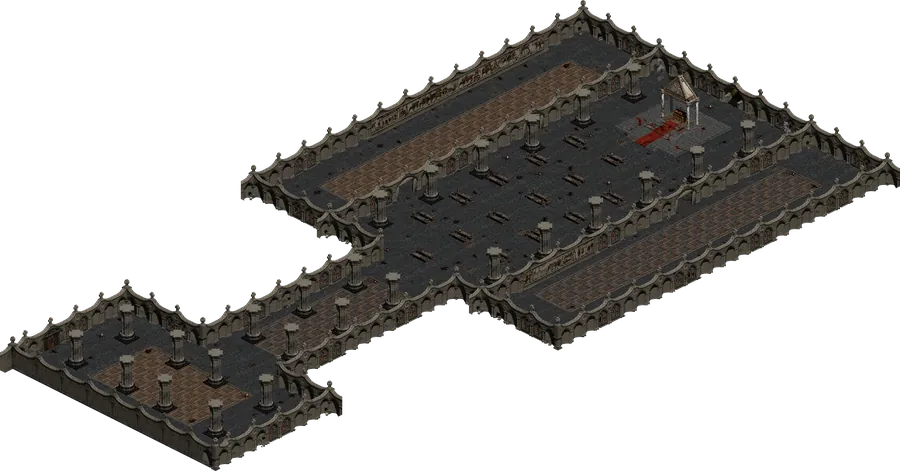Mapa da Corrupted Church: a nave da catedral com colunas e o altar ao fundo