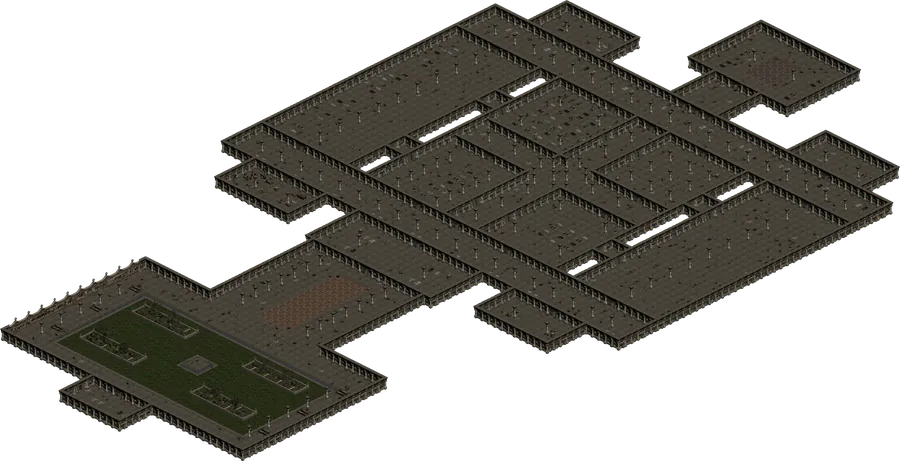 Mapa da Corrupted Tower: salas e corredores da cripta, com o jardim da arena num dos cantos