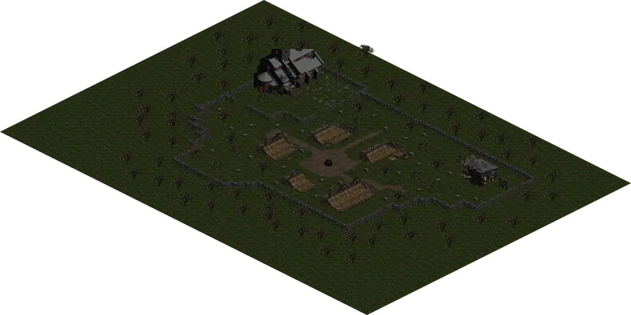 Mapa de Corrupted Tristam: a praça em ruínas cercada por cercas e árvores mortas